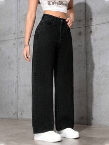 SHEIN PETITE Solid Color Mid-Waist Straight Loose Casual Everyday Jeans ,Petite Women - Black - View 3