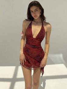 Aloruh 女士极简印花透视露背迷你连衣裙 - 酒紅色 - 查看 7