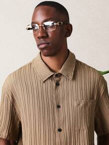 SUMWON Men's Short Sleeve Button Down Shirt With Vertical Striped Pattern Classic Collar Regular Fit Casual Summer Top - Coffee Brown - View 4