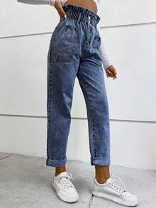 Flexra 女士休闲弹力腰纸袋腰斜插口袋修身牛仔裤 - 深色水洗藍 - 查看 3