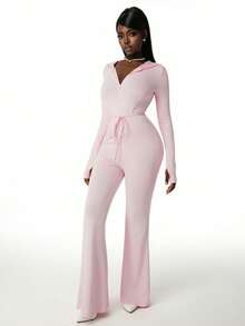 Amplova 女士连体连帽衫，性感褶皱露背长款连体裤，带帽设计，适合早春运动休闲穿着 - 粉色 - 查看 4