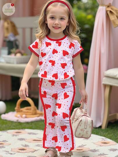 2pcs/Set, Young Girl Casual Cute Sweet Red Heart Print, Suitable For Valentine's Day, Festive, Round Neck Short Sleeve Top And Flare Pants Set, Suitable For Summer, Outing, Shopping, Valentine's Day, Sisters Matching, Kids Two Piece Set Girls Two Piece Outfit Two Piece Set For Girls Summer Two Piece Set For Girls Heart Print Outfit