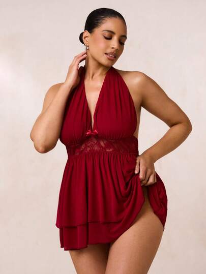 SHEIN BAE 大碼蕾絲和網眼拼接無鋼圈睡衣連身裙+三角褲套裝，2件套