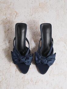 Enchnt Women's Bow Decor Pointed Toe Stiletto Heel Sandals, Party Style, Navy Blue Satin Material, Summer & Autumn - Navy Blue - View 6