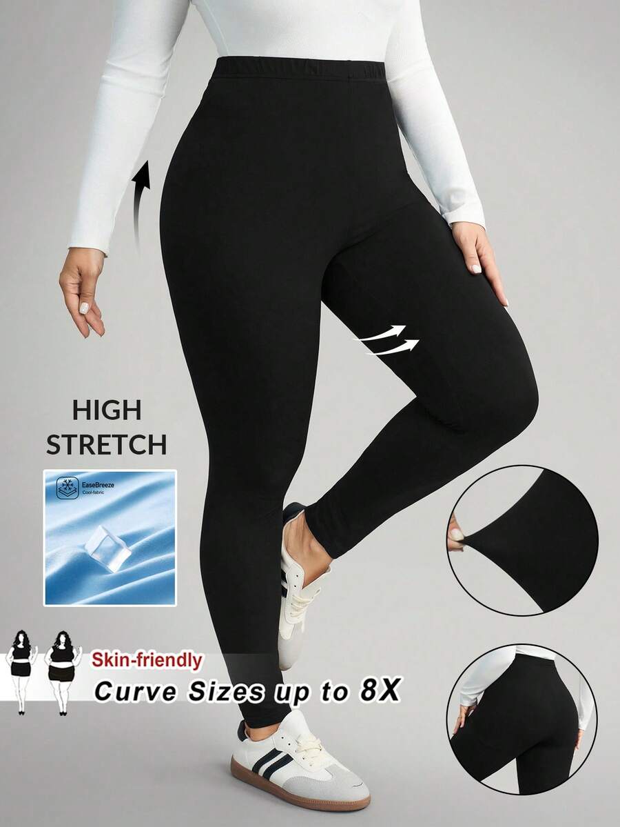SHEIN CURVE+ 大码女士休闲纯色打底裤，百搭简约，适合工作/办公室、健身房穿着，秋冬季保暖穿着。 - 黑色 - 查看 1