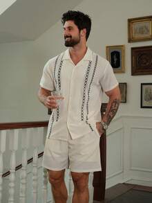 DAZY Men's Summer Short Sleeve Shirt And Shorts Geometric Pattern Pajama Set - Apricot - View 4