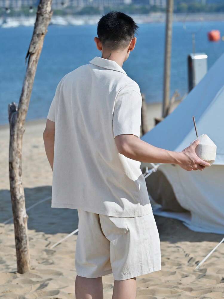 Men's Khaki Coconut Tree Print Short Sleeve Shirt And Shorts Set, Summer Vacation Outfit