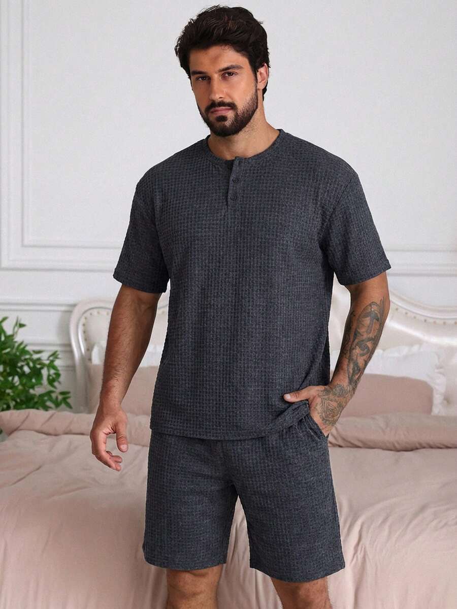DAZY Men's Summer Short Sleeve Shirt And Shorts Pajama Set - Blue - View 1