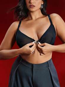 EmpressEnvy Plus Size Black Underwire Bra, 3/4 Cup, Front Closure, Mesh Panel, Crossover Strap, Comfortable, Everyday Wear - Black - View 4
