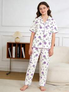 SHEIN 女童碎花短袖翻领开衫配长裤，休闲舒适宽松两件套家居服 - 彩色 - 查看 5