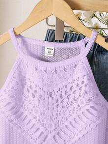 Sparklyn Girls' Vacation Beach Countryside Summer Crochet Lace Trim Fitted Cropped Camisole - Mauve Purple - View 3