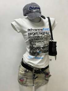 Lalippa 女士T恤/字母印花短袖上衣/数码印花/时尚休闲百搭/女士休闲修身圆领T恤/送她的礼物/节日礼物/2026春夏新款女式上衣 - 彩色 - 查看 3