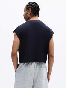 SUMWON Sleeveless Cotton Tank Top With Chest Print Regular Fit Crew Neck Summer Casual Streetwear - Navy Blue - View 2