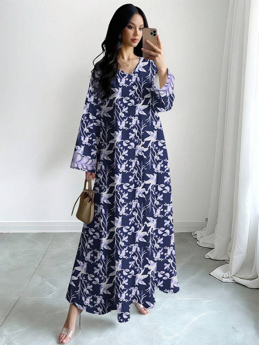 SHEIN Najma Đầm maxi dài tay cổ chữ V họa tiết hoa nhí màu tím, đầm dài hoa mùa xuân/hè dành cho nữ, phong cách Ả Rập thanh lịch. - Nhiều màu - Xem 1