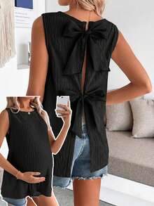 SHEIN Áo hai dây hở lưng màu trơn, kiểu dáng thường ngày, có nơ trang trí, dành cho bà bầu, thích hợp cho mùa hè. - màu đen - Xem 2