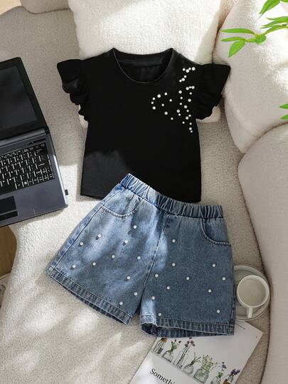 SHEIN Tween Girl Pearl Decor Round Neck Puff Sleeve T-Shirt And Denim Shorts Casual Outfit