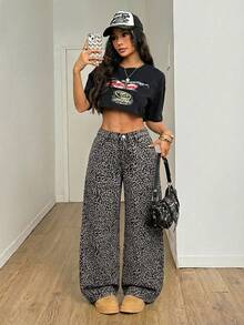 SHEIN PETITE 女士豹纹弹力腰带牛仔裤 冬季牛仔裤 派对街头风牛仔裤 - 彩色 - 查看 3