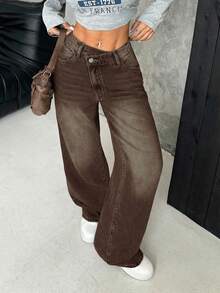 SHEIN PETITE Women's Thick Denim Wide Leg Pants, Loose Fit With Oblique Placket, Blue - Brown - View 6