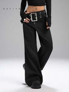 LYSMO Petite 女士金属扣眼腰休闲裤 - 黑色 - 查看 4