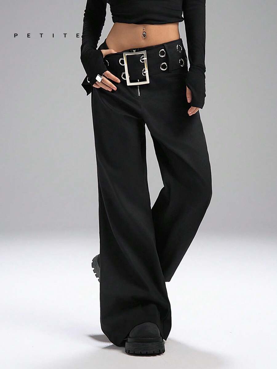 LYSMO Petite 女士金属扣眼腰休闲裤 - 黑色 - 查看 1