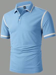 Manfinity Mode 男士休閒藍白條紋對比飾邊四分之一鈕扣短袖 Polo 衫，夏季高爾夫 Polo 衫 卡羅來納大學淺藍色，儀式 - 淺藍色 - 查看 3
