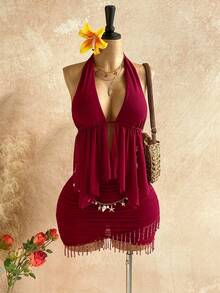 Soleia Spring/Summer New Casual Vacation Western Beach Wedding Guest Attire Graduation Brunch Women's Outfit, Elegant Boho Tropical Vacation Halter Neck Elegant Party Valentine's Day Beaded Tassel Backless 2-Piece Set - Burgundy - View 1