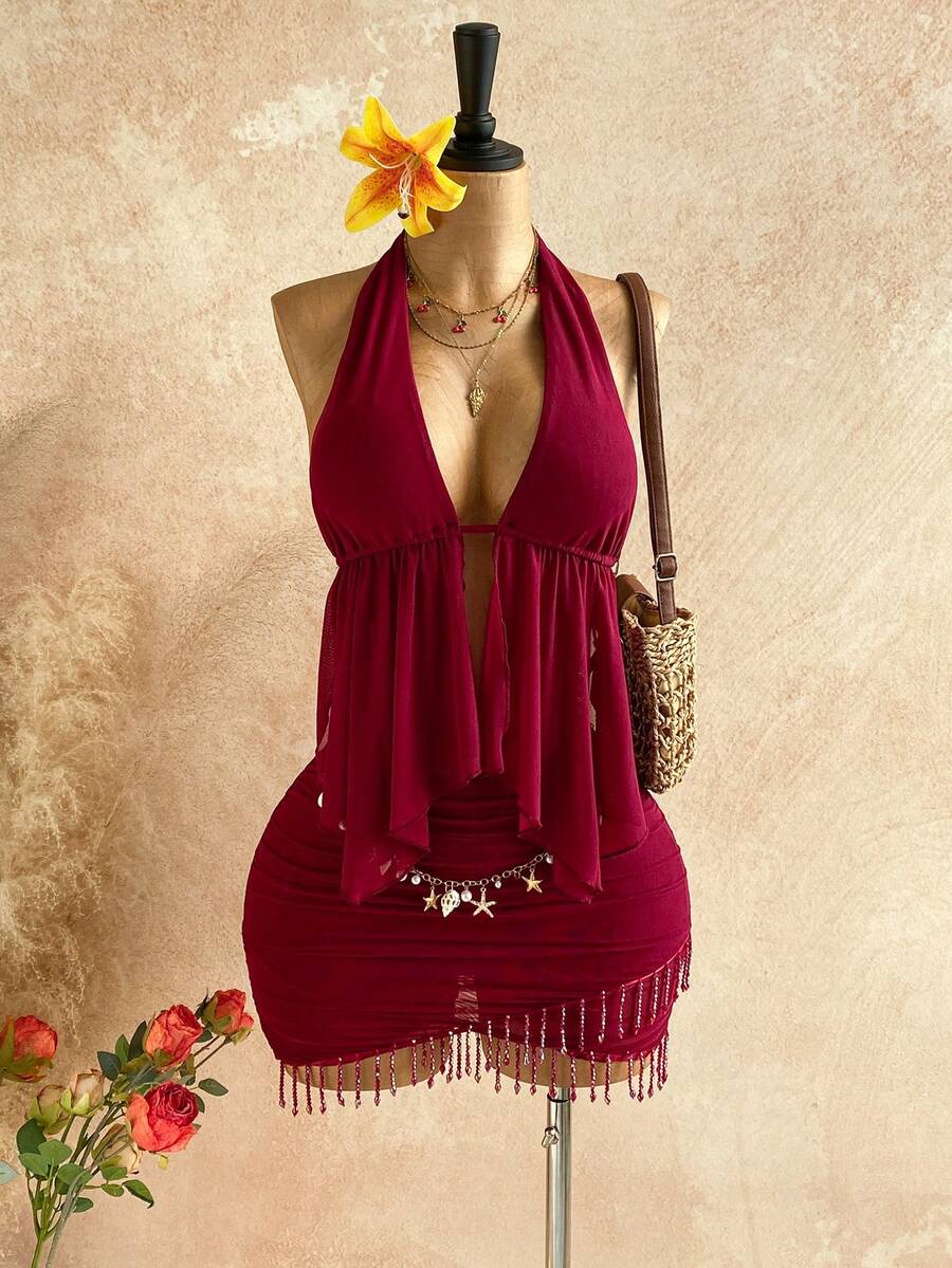 Soleia Spring/Summer New Casual Vacation Western Beach Wedding Guest Attire Graduation Brunch Women's Outfit, Elegant Boho Tropical Vacation Halter Neck Elegant Party Valentine's Day Beaded Tassel Backless 2-Piece Set - Burgundy - View 1