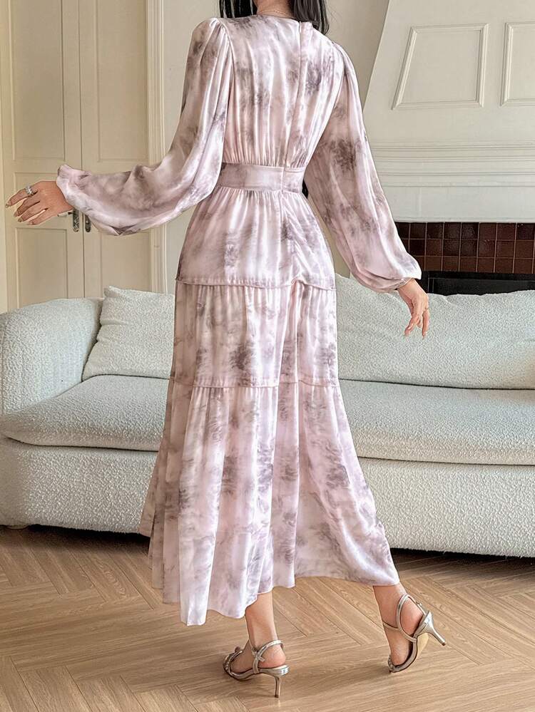 Women's Elegant Floral V-Neck Belted Mid-Length Dress, Spring/Summer Wedding Guest Dress Maxi Dress Sundress