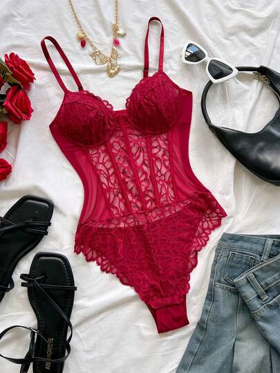 Women's Solid Color Lace Sexy Bodysuit, Summer Holiday Outfits , Beach Vacation Outfits For Women, Casual Outfit For Women, Red Lace Bodysuit,Sexy Summer Outfits