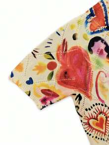 Resyla Women's 3D Heart Pattern Digital Printing Short Sleeve Knit Top - Multicolor - View 3