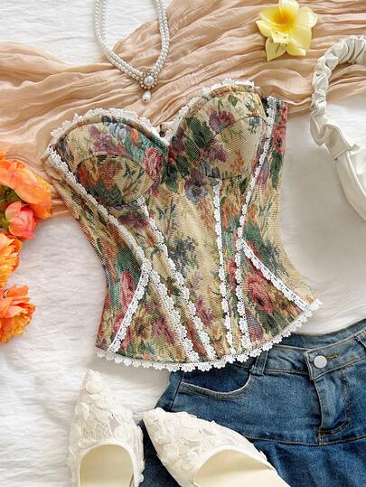 Soleia Women's Floral Print Lace Camisole, Fashionable & Versatile For Dates And Outings