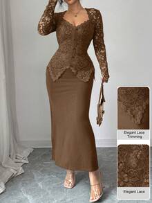 Modelyn Square Neck Lace Patchwork Button Waist Fitted Plus Size Dress For Women Fall - Brown - View 4