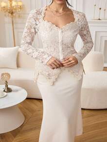 Modelyn Plus Size Women Square Neck Lace Patchwork Button Waist Bodycon Dress - Apricot - View 3