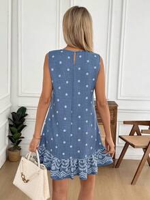 Easowa 碎花印花无袖A字连衣裙，荷叶边下摆，休闲宽松优雅，适合办公室/度假穿着，春夏迷你连衣裙 - 彩色 - 查看 6