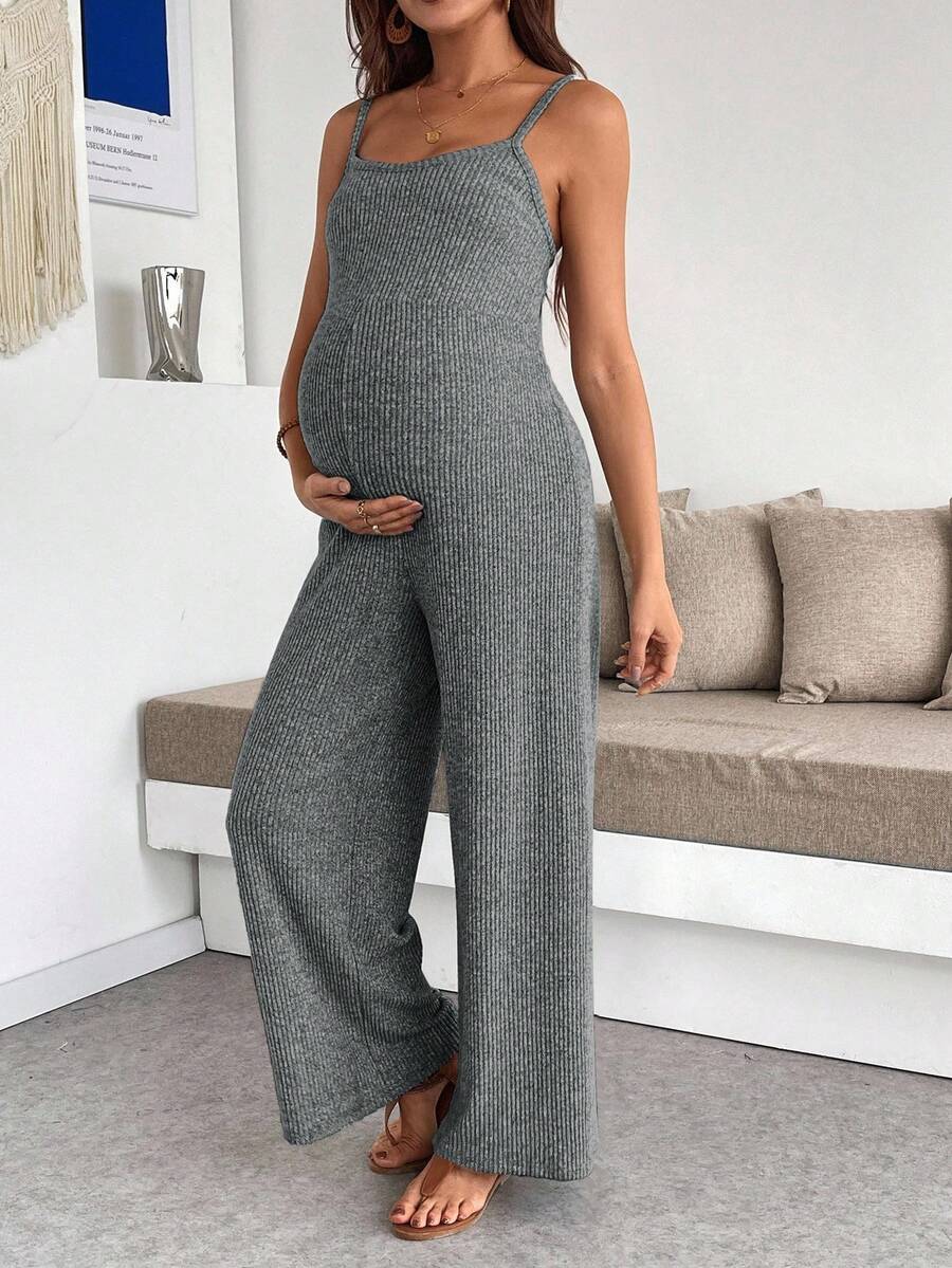 SHEIN 孕妇纯色罗纹休闲日常度假连体裤 - 深灰色 - 查看 1