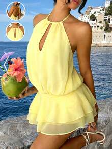 INAWLY Romantic Halter Neck Dress, Suitable For Spring/Summer Beach Vacation - Light Yellow - View 1