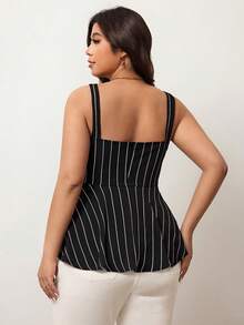 Enliva Camiseta sin mangas con botones y estampado de rayas para mujeres de talla grande, para silueta de manzana y redondeada, para el verano - Negro - Ver 2