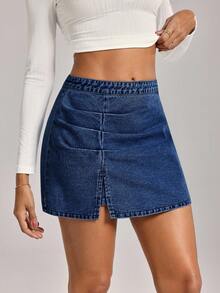 SHEIN Tall Women's Casual Pleated Slit Denim Mini Skirt, Summer - Medium Wash - View 6