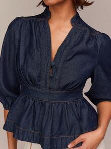 COSMINA Women's V-Neck Ruched Casual Versatile Date Everyday Denim Top - Dark Wash - View 6