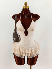 Amplova Women's Halter Tie Backless Lace Ruffle Hem Sexy Jumpsuit Romper For Dates & Parties Spring Clothes Women Boho - Apricot - View 1