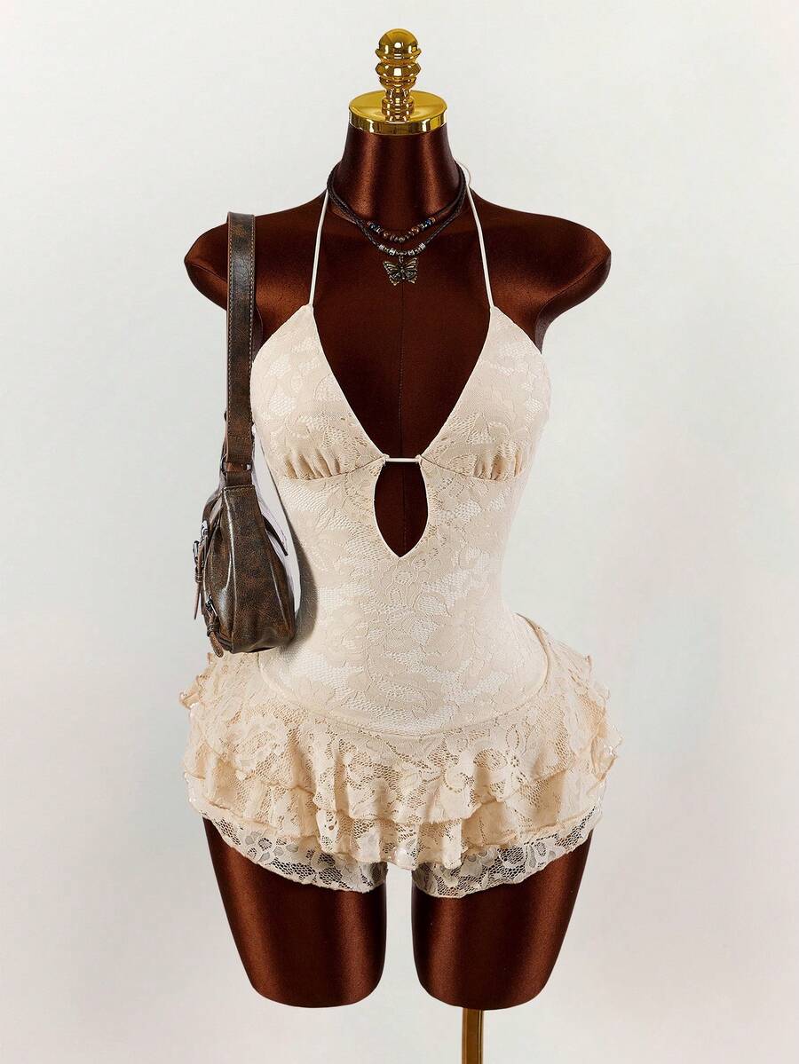 Amplova Women's Halter Tie Backless Lace Ruffle Hem Sexy Jumpsuit Romper For Dates & Parties Spring Clothes Women Boho - Apricot - View 1