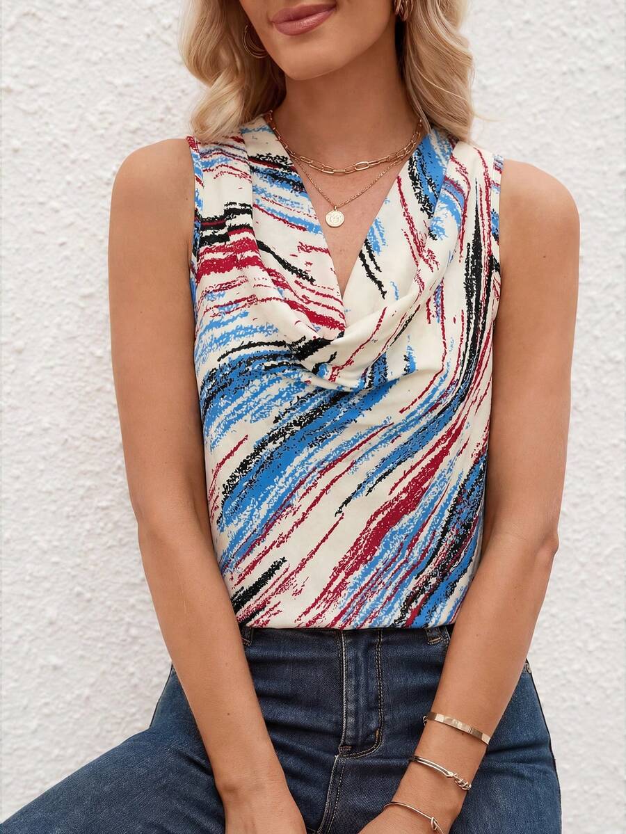 SHEIN Clasi Áo thun nữ không tay cổ yếm in họa tiết toàn thân, thích hợp cho kỳ nghỉ hè, phong cách thường ngày. - Màu xanh lam - Xem 1