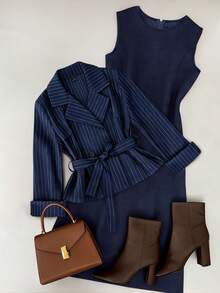 GlowEve A Two Pieces Autumn Set For Women's Elegant And Commuting Style Woven Together - Navy Blue - View 1