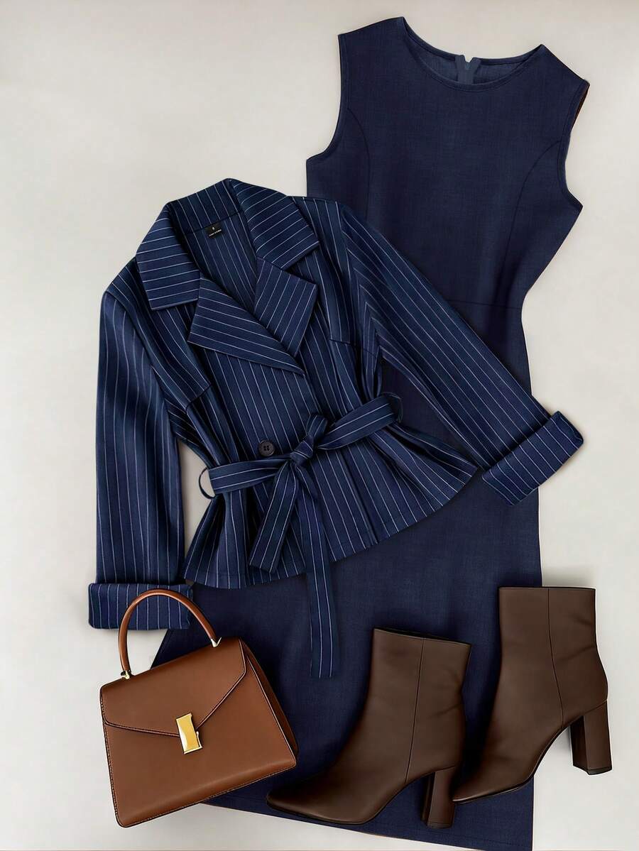 GlowEve A Two Pieces Autumn Set For Women's Elegant And Commuting Style Woven Together - Navy Blue - View 1