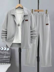 2 件青少年春季球休闲绅士单排扣灰色长袖衬衫搭配松紧腰斜口袋休闲裤套装，Vacaura 男孩装 - 灰色 - 查看 3