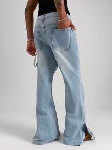 PAVTROS Men's Pocket Button Rhinestone Embellished Casual Versatile Daily Wear Wide Leg Jeans Light Jeans - Light Wash - View 2