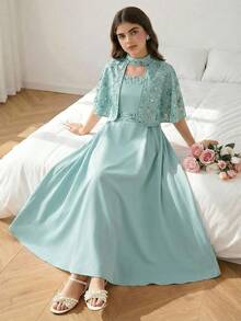 2 pezzi Set Jalabiya per Ramadan - Abito da ragazza con scialle, abito lungo senza maniche con decorazioni in paillettes, abito elegante da cerimonia con cintura in vita, tessuto lucido e strutturato - Menta Verde - Visualizzare 5