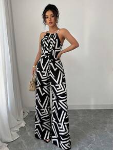 Elenzga Bộ jumpsuit nữ bằng vải in họa tiết, thắt eo, thanh lịch, thích hợp cho kỳ nghỉ và mặc hàng ngày. - Nhiều màu - Xem 6