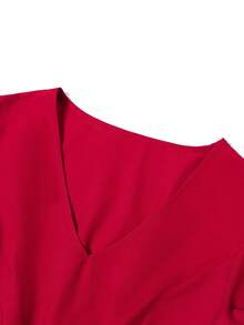 Elenzga 大码女式V领短袖夏季玫瑰印花连衣裙，大码V领拼接收腰连衣裙，大码红色拼接玫瑰印花连衣裙，适合情人节、夏季或春季穿着 - 紅色 - 查看 5