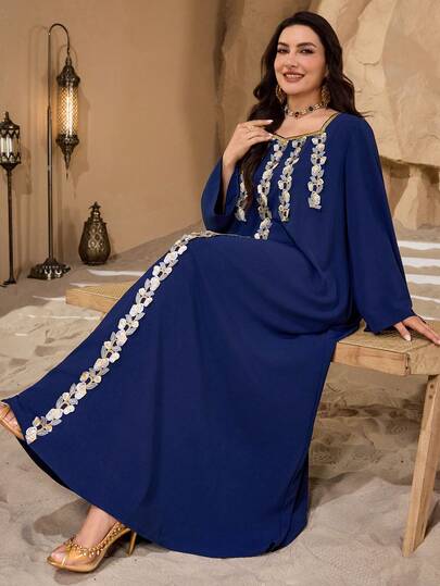 Al Najma Elegant Square Neck Floral Lace Trim Rose Decor Long Sleeve Solid Color Maxi Dress, Suitable For Formal Occasions, Parties, Plus Size